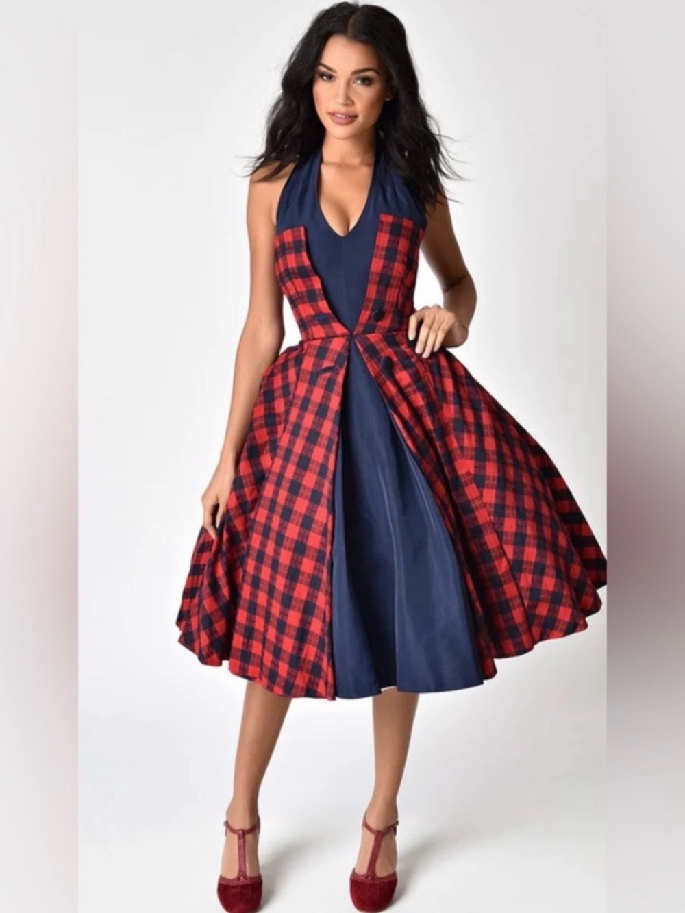 Unique Vintage Navy & Red Plaid Halter Margaret Swing Dress - XLarge